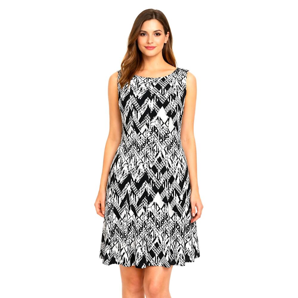 Connected Apparel Black White Abstract Print Sleeveless Fit & Flare Dress 12
